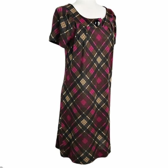 AGB Plaid Pink Brown Black Sheath Dress Crew Neck Short Sleeve Button Women’s 6 - Picture 3 of 13
